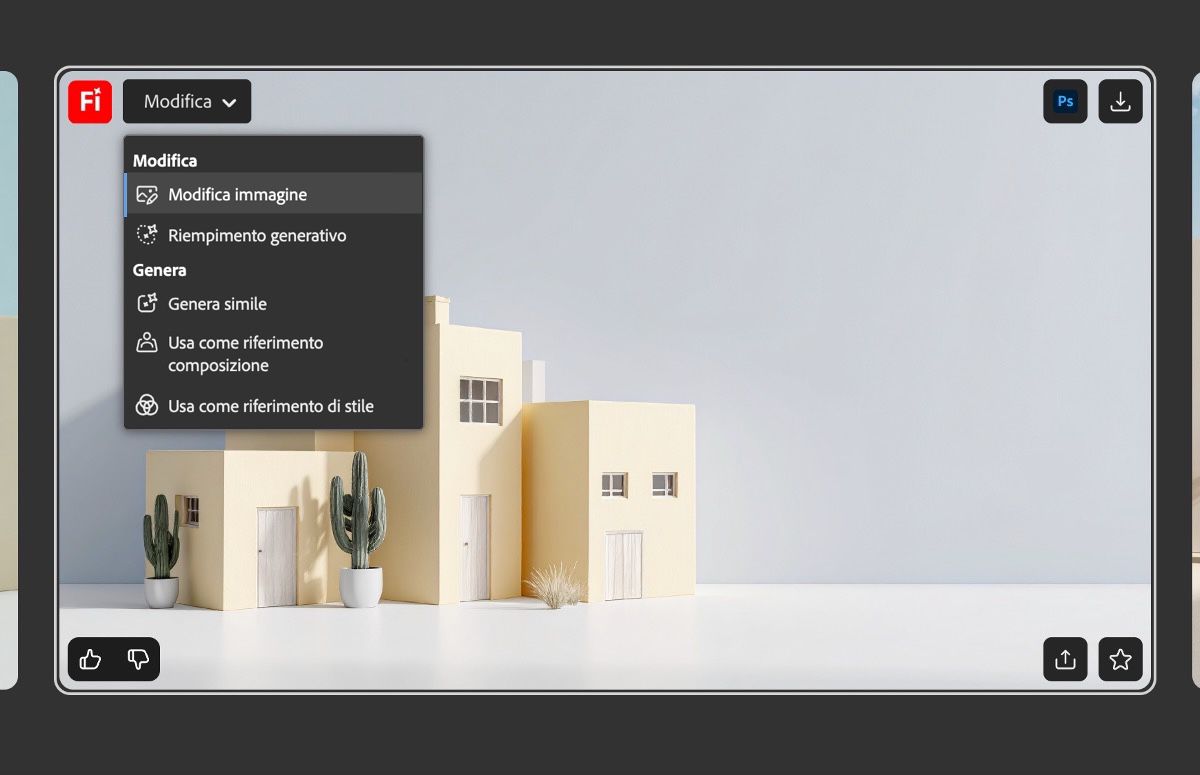 Quando passi il cursore del mouse su un'immagine generata, verranno visualizzate diverse opzioni. L'opzione Modifica è selezionata per impostazione predefinita e puoi scegliere varie opzioni tra cui Genera video, Riempimento generativo, Usa come riferimento di stile e altre ancora.