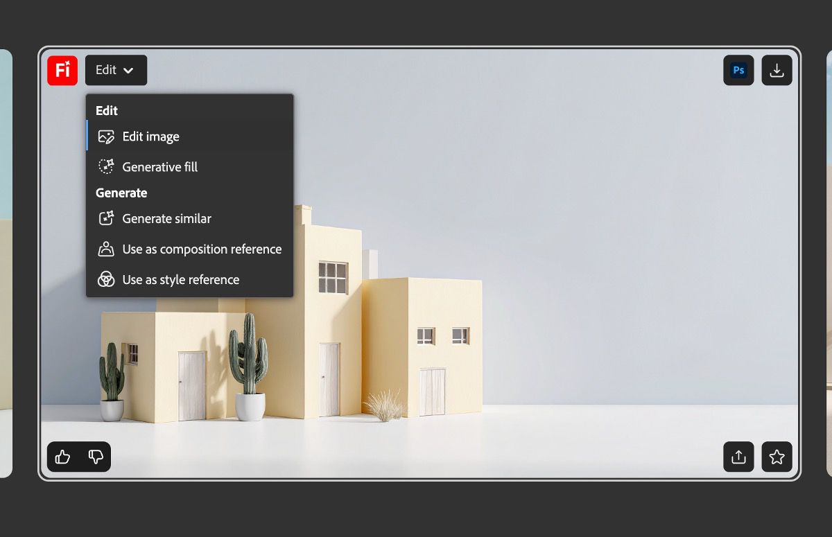 Wanneer je de cursor op een gegenereerde afbeelding plaatst, zie je verschillende opties. De optie Bewerken is standaard geselecteerd en je kunt kiezen uit opties als Video genereren, Generatief vullen, Gebruiken als stijlreferentie en meer.