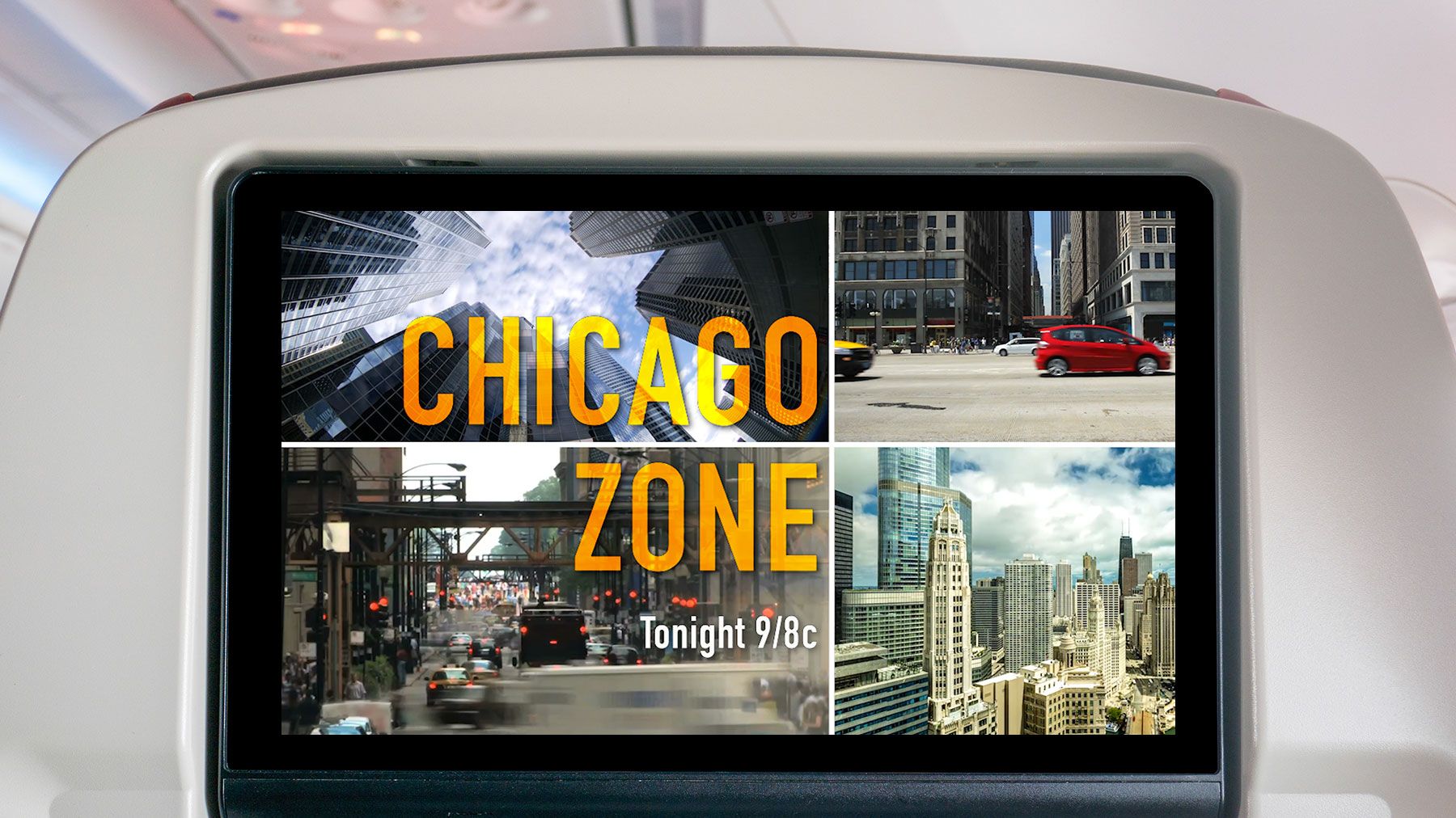 ซีเควนซ์เปิดของ Chicago Zone ฉายบนโทรทัศน์ในเที่ยวบิน