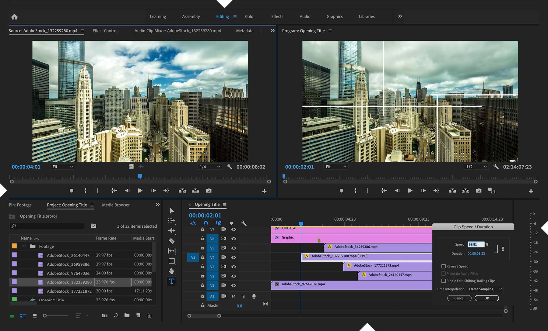 พื้นที่ทำงาน Editing เปิดอยู่ มีการทำให้เส้นแนวนอนและแนวตั้งเคลื่อนไหวเหนือทิวตึกในเมือง