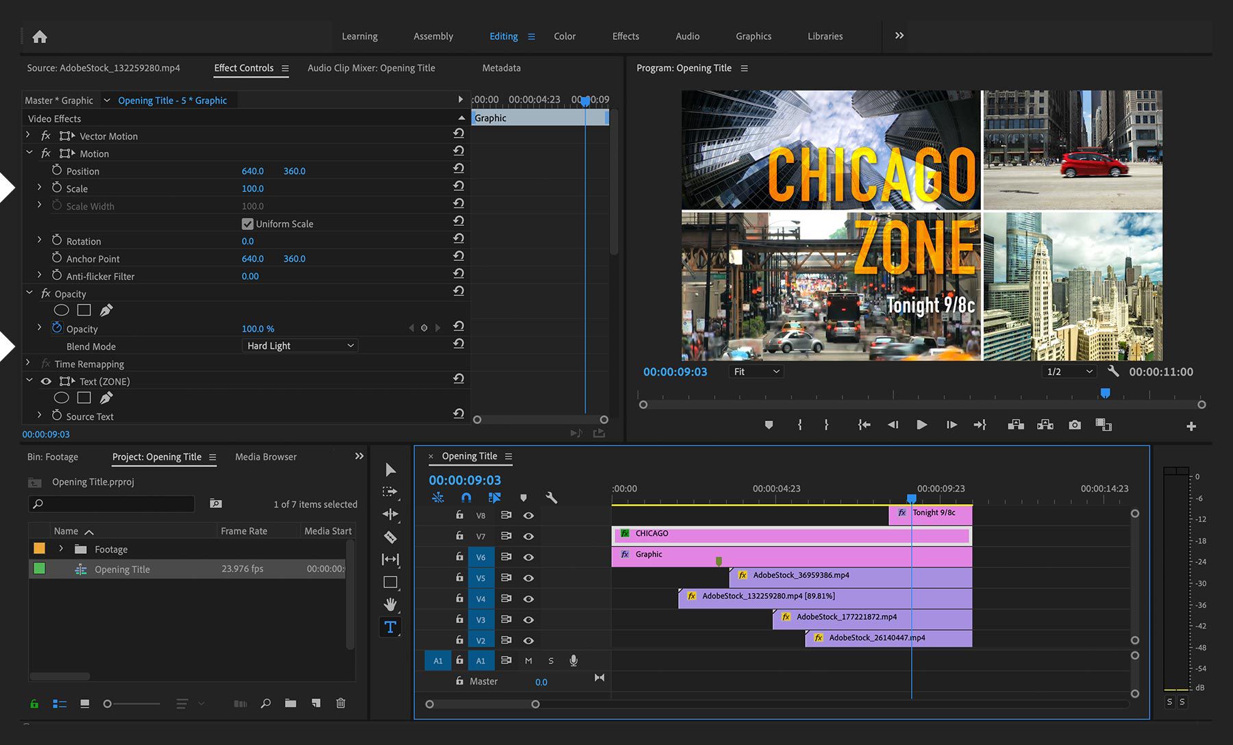 มีการใช้งาน Blend Mode กับหน้าจอหัวเรื่องหลัก และขนาดของข้อความถูกกำหนดคีย์เฟรมจาก 0% เป็น 100% เพื่อให้ข้อความปรากฏขึ้นมาทันที