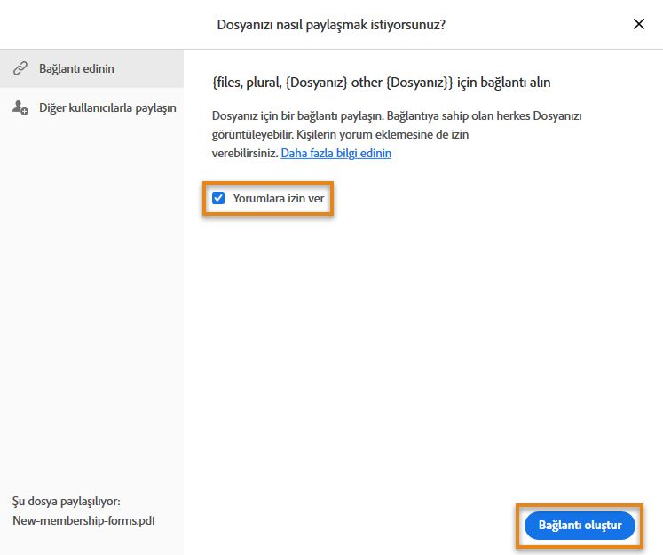 İnceleme dosyası için bir bağlantı edinin