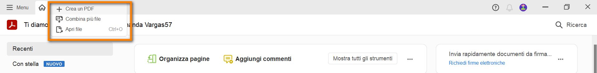Nuove opzioni nel menu Crea: Combina file e Apri file