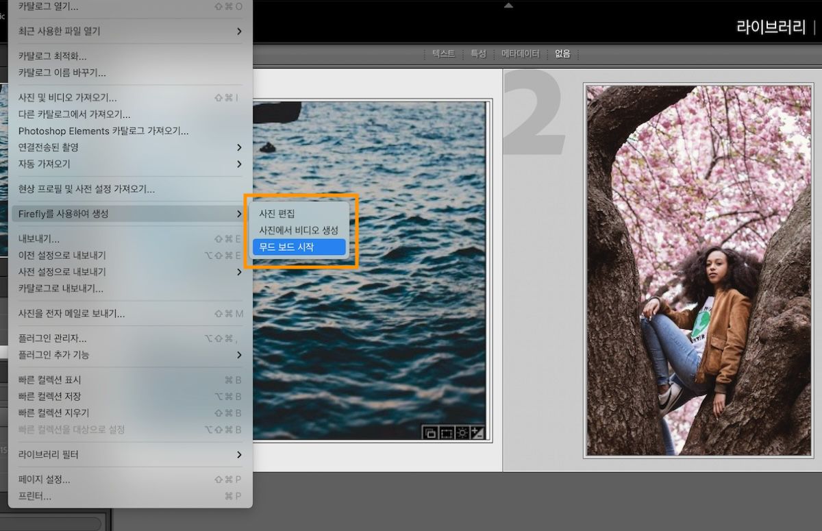 [무드보드 시작] 옵션을 보여주는 Lightroom Classic의 UI입니다.