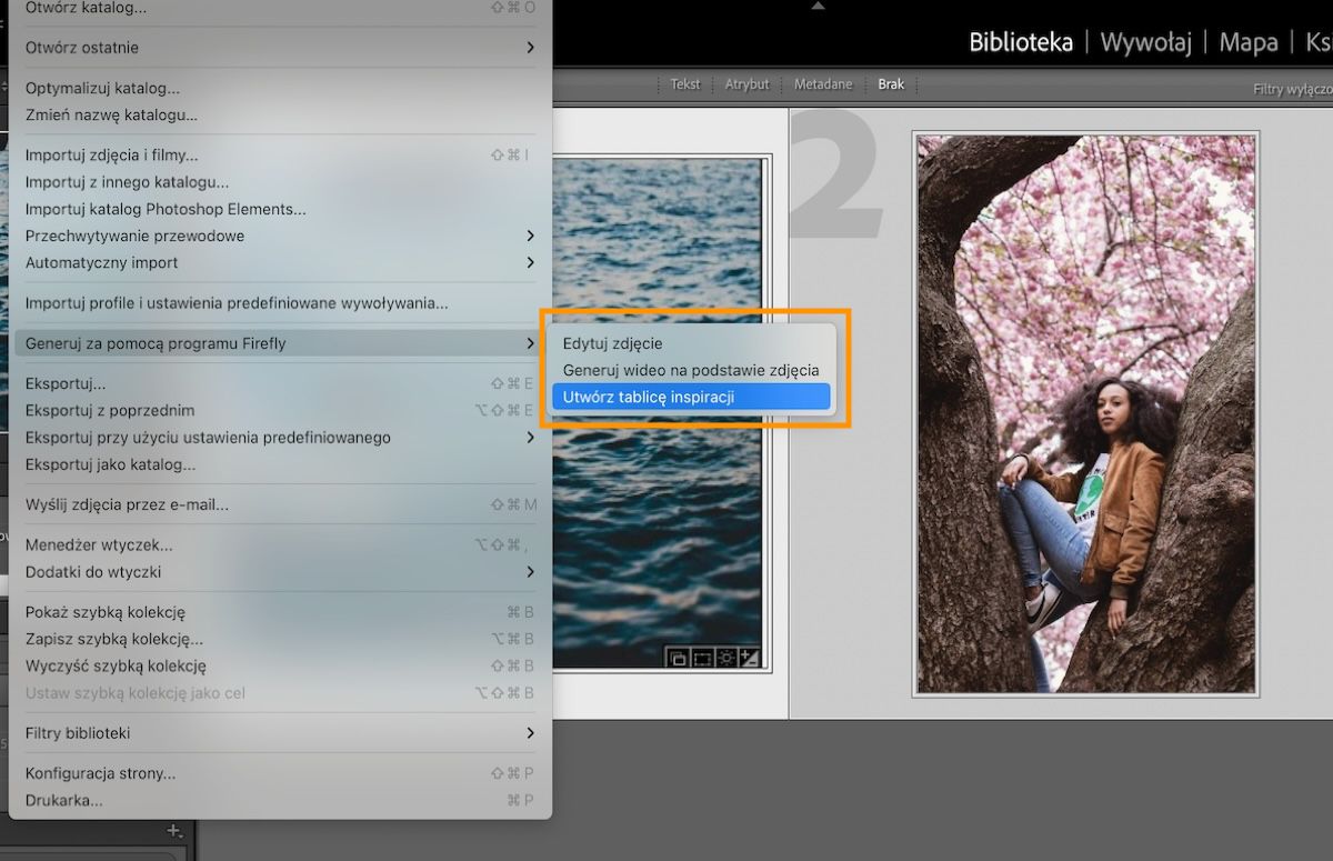 Interfejs użytkownika programu Lightroom Classic z opcją Rozpocznij tablicę inspiracji.