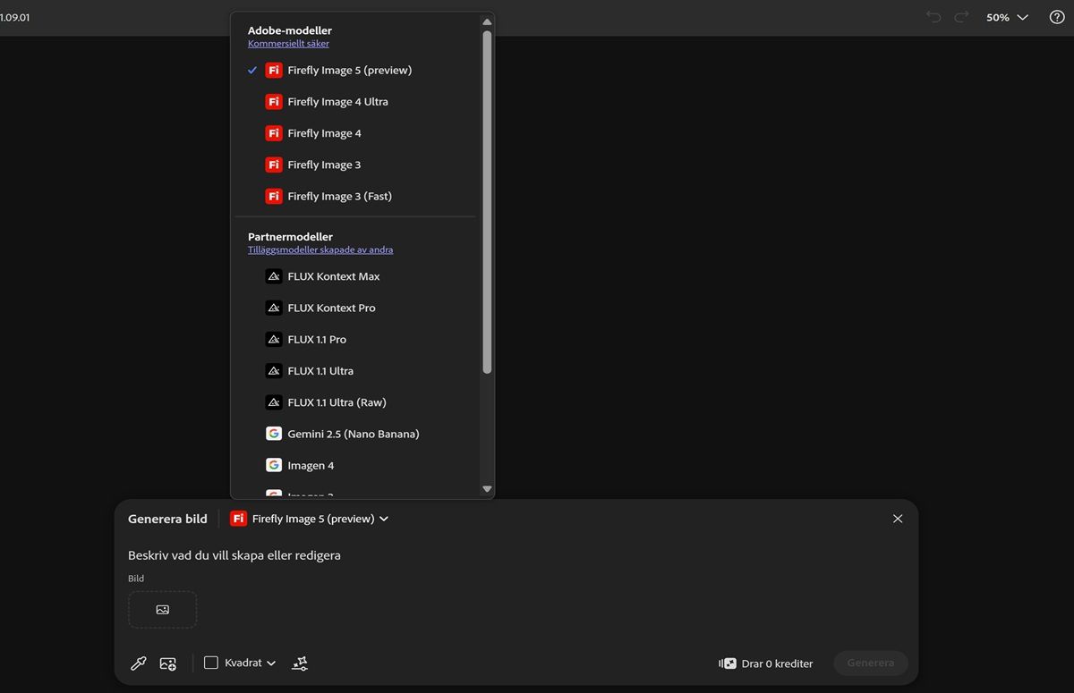 Listrutan Bildmodell är öppen och du kan välja mellan Firefly- och icke-Firefly-modeller samt ställa in bildförhållande för genererade bilder.