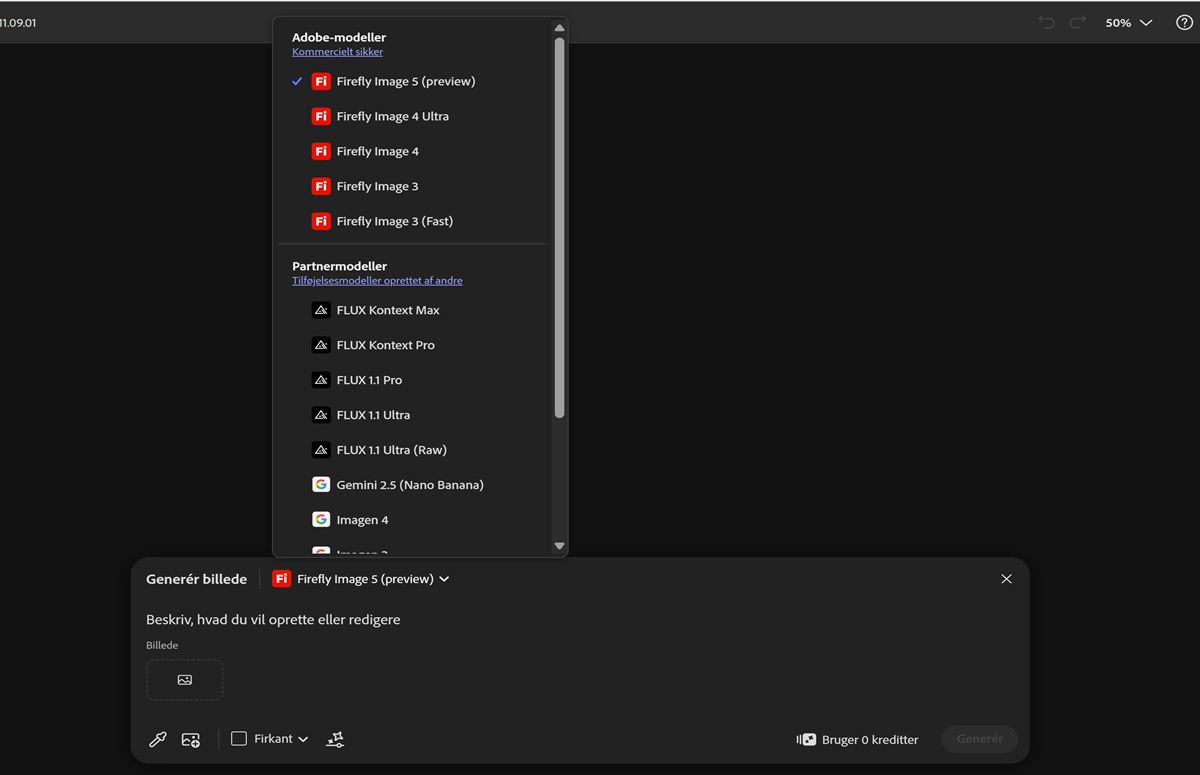 Rullemenuen Image Model åbnes, hvilket giver mulighed for at vælge mellem Firefly- og ikke-Firefly-modeller og angive formatforholdet for genererede billeder.