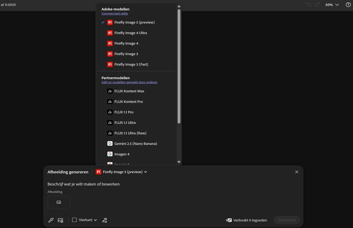 Het vervolgkeuzemenu Image Model staat open, waarin je kunt kiezen tussen Firefly- en niet-Firefly-modellen en de beeldverhouding voor gegenereerde afbeeldingen kunt instellen.