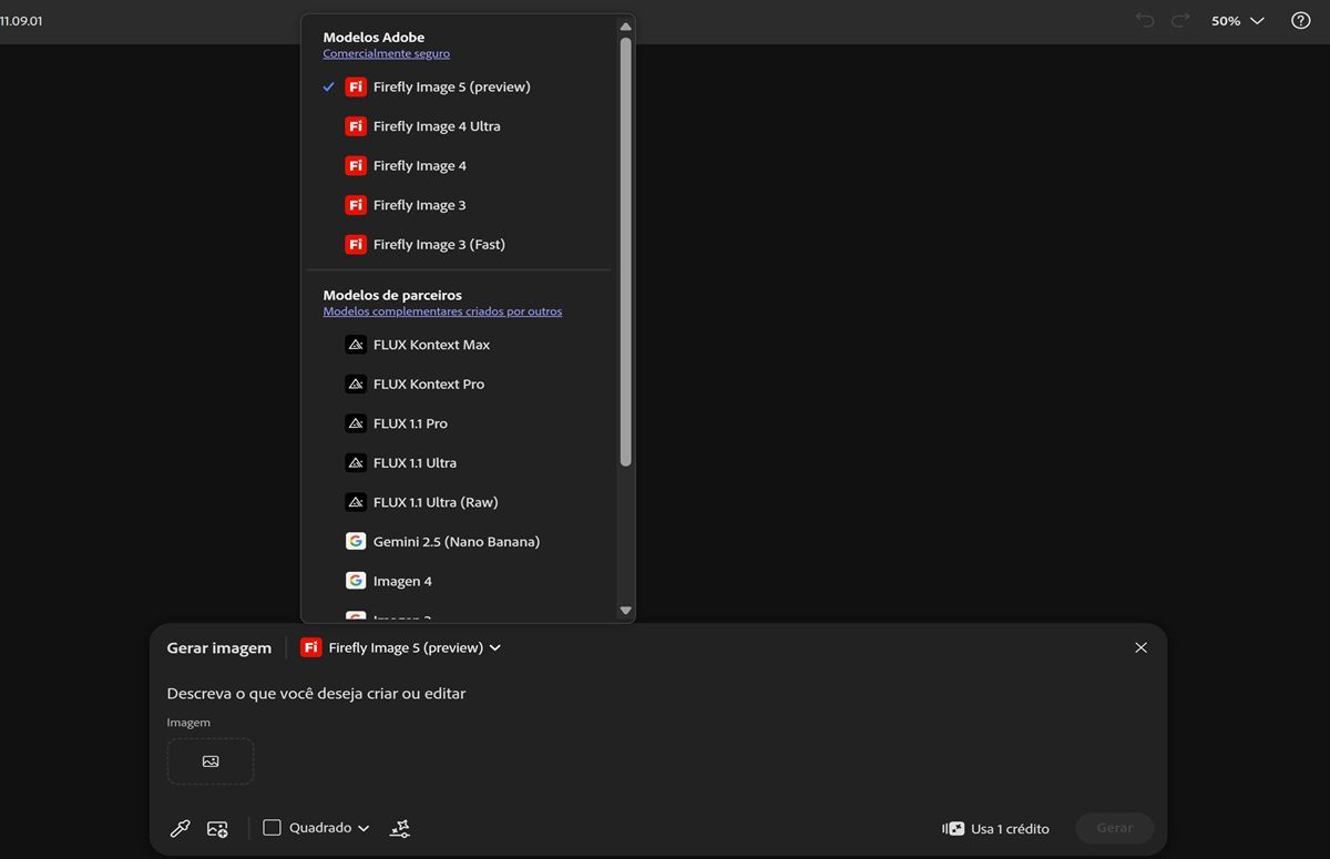 O menu suspenso de Modelos de imagem está aberto, permitindo a seleção entre modelos Firefly e não Firefly e a definição da proporção das imagens geradas.
