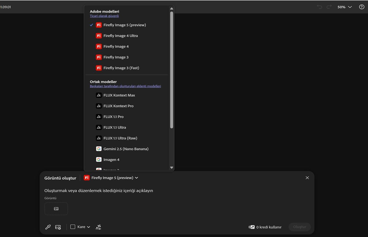 Image Model açılır menüsü açılır ve Firefly ile Firefly harici modeller arasında seçim yapmanıza ve oluşturulan görüntülerin en-boy oranını ayarlamanıza olanak tanır.