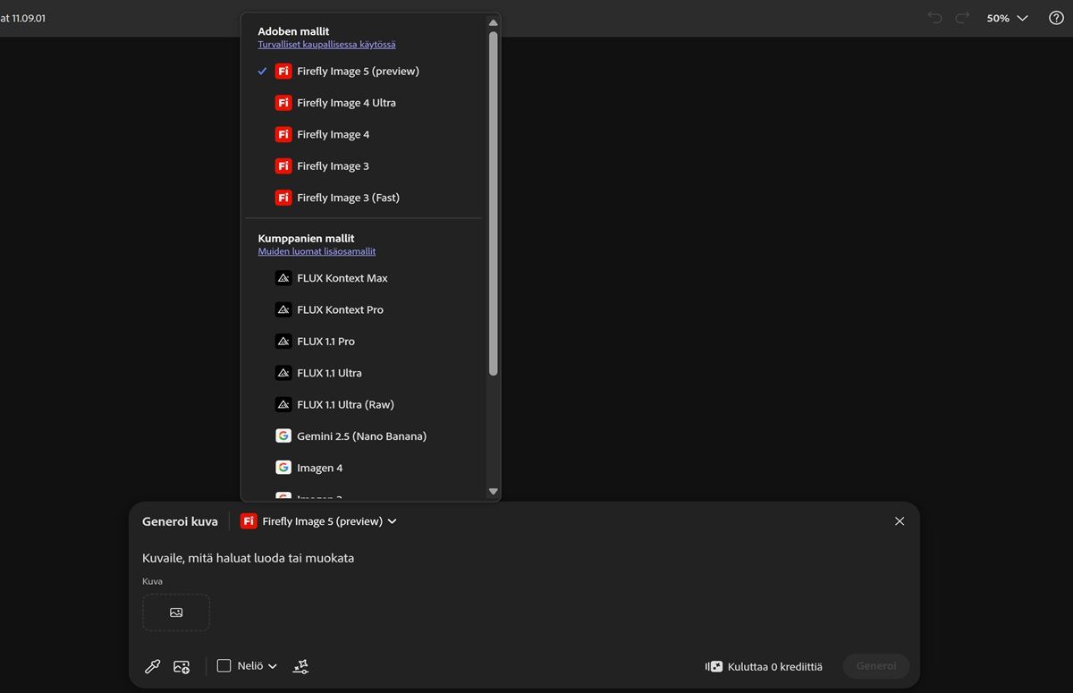 Avattava kuvamallivalikko on avattuna, ja Firefly-malli tai jokin muu malli on valittavissa. Lisäksi generoitavien kuvien kuvasuhde voidaan määrittää.