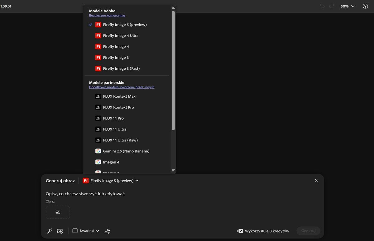 Otwarte jest rozwijane menu Model obrazu umożliwiające wybór między modelami Firefly i innymi niż Firefly oraz ustawienie proporcji dla generowanych obrazów.