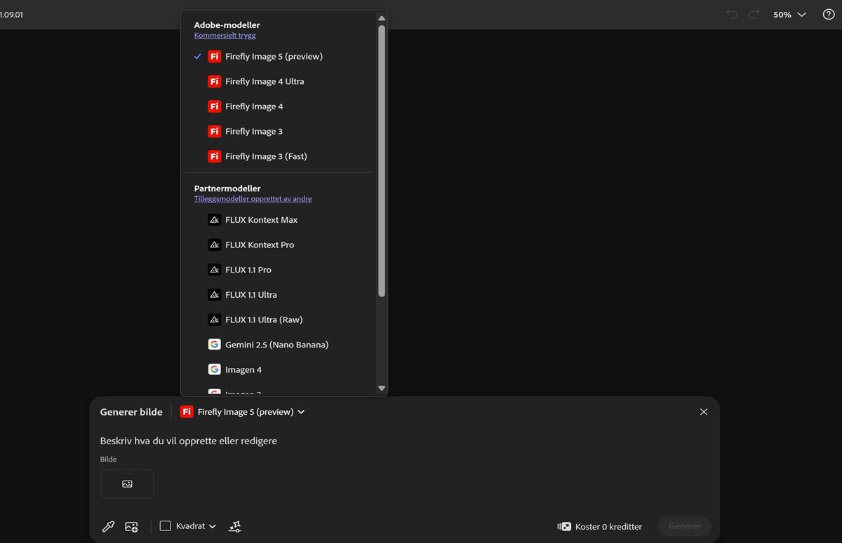 Bildemodell-rullegardinmenyen er åpen, slik at du kan velge mellom Firefly- og ikke-Firefly-modeller og angi proporsjonene til de genererte bildene.