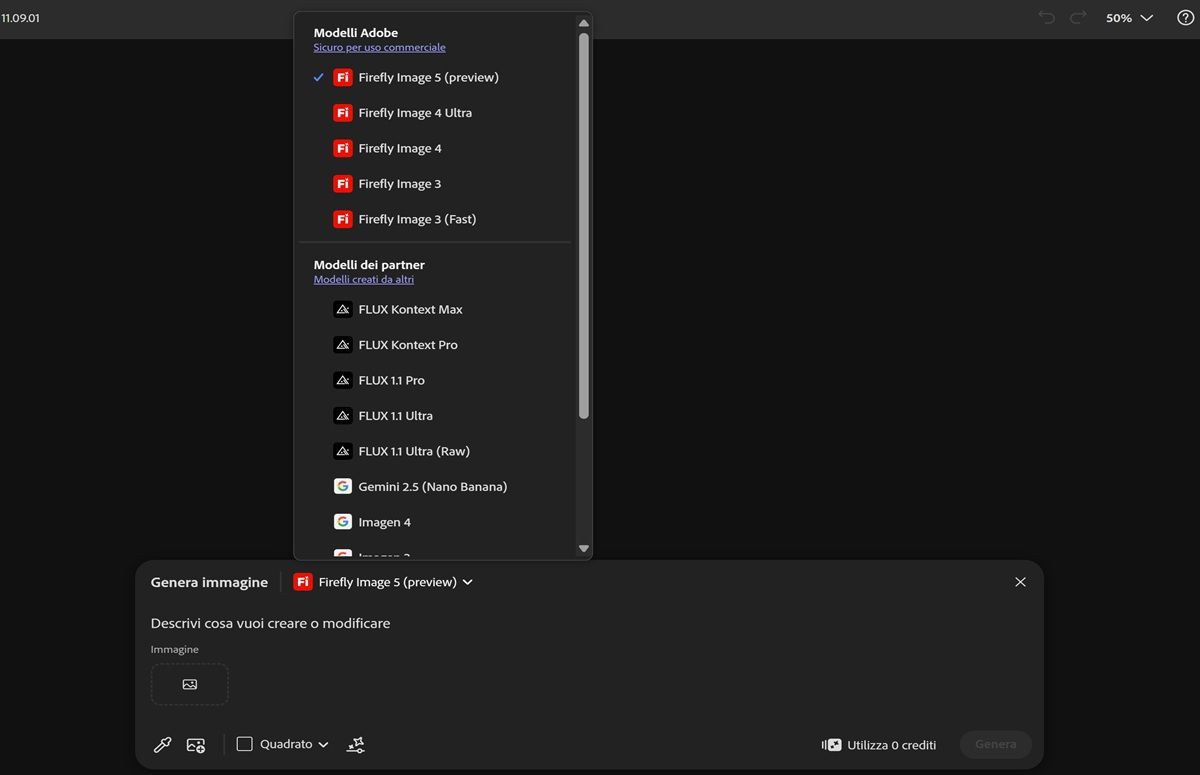 Il menu a discesa Image Model è aperto ed è possibile selezionare modelli Firefly e non Firefly, nonché l'impostazione delle proporzioni per le immagini generate.