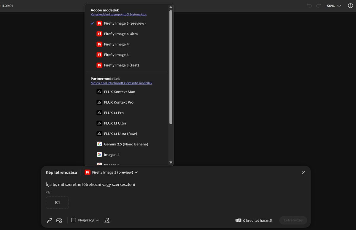 Megnyílik a Képmodell legördülő menü, amely lehetővé teszi a Firefly és a nem Firefly modellek közötti választást, valamint a generált képek képarányának beállítását.