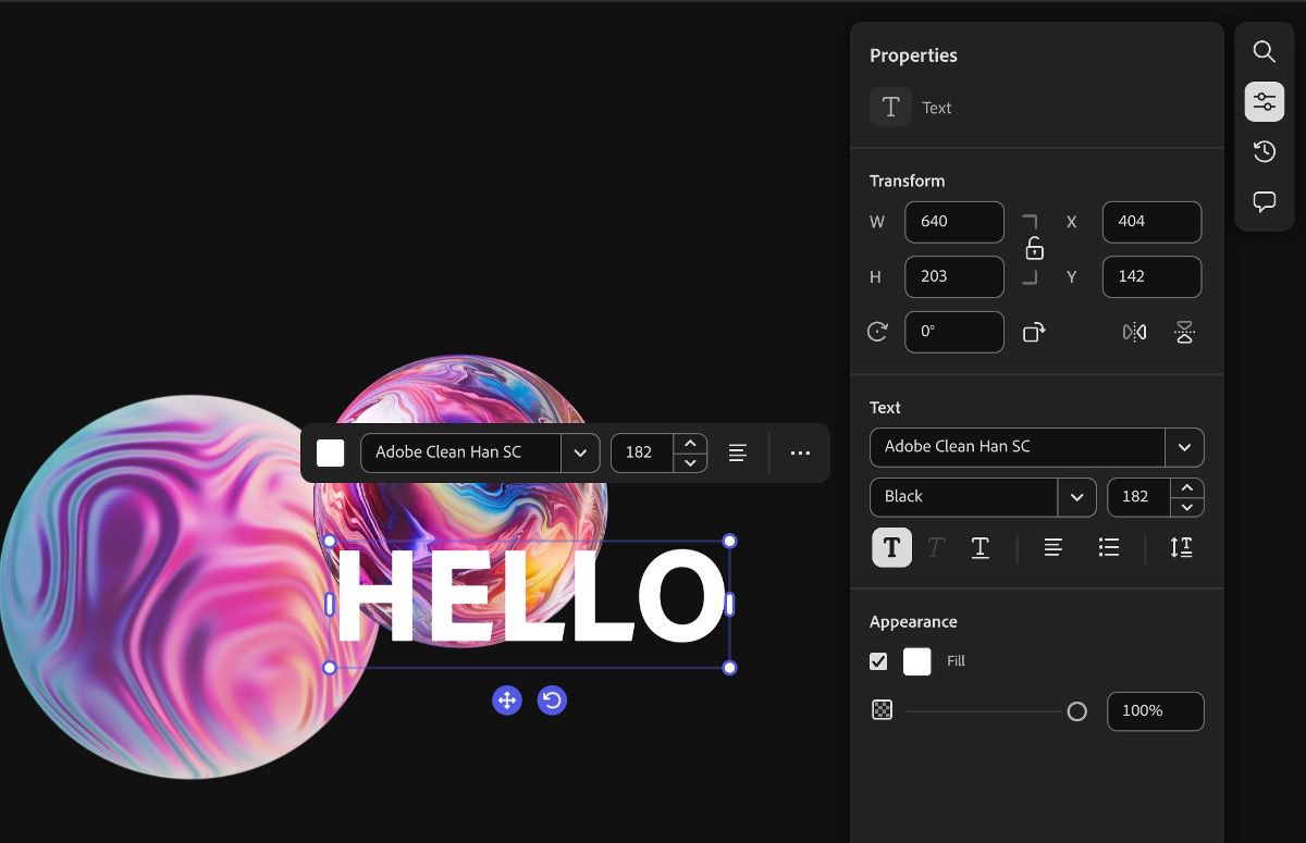 Se selecciona un elemento de texto, con opciones para editarlo disponibles tanto en el menú contextual como en el panel Propiedades.