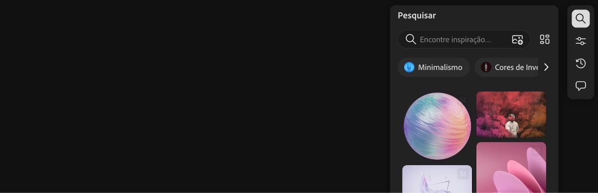 A opção de Pesquisa está ativa, exibindo a palavra-chave &quot;Iridescente&quot; na barra de pesquisa. Uma lista de resultados está disponível para seleção.