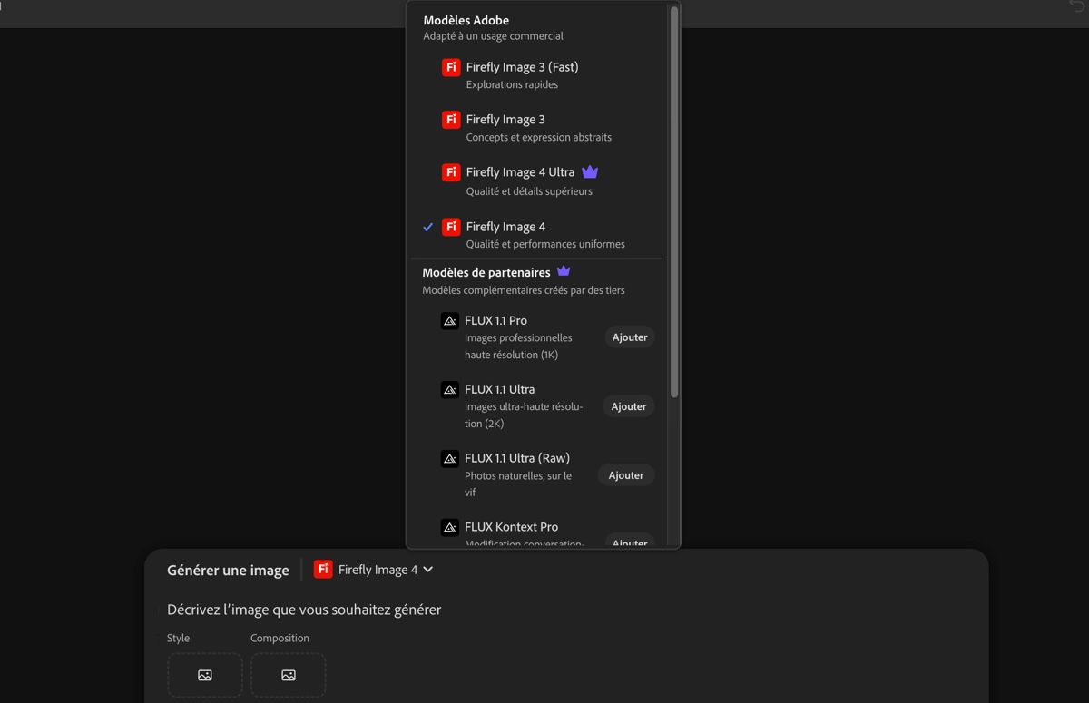 Le menu déroulant des modèles d’image est ouvert, permettant de sélectionner les modèles Firefly et non Firefly, et de définir le rapport L/H des images générées.