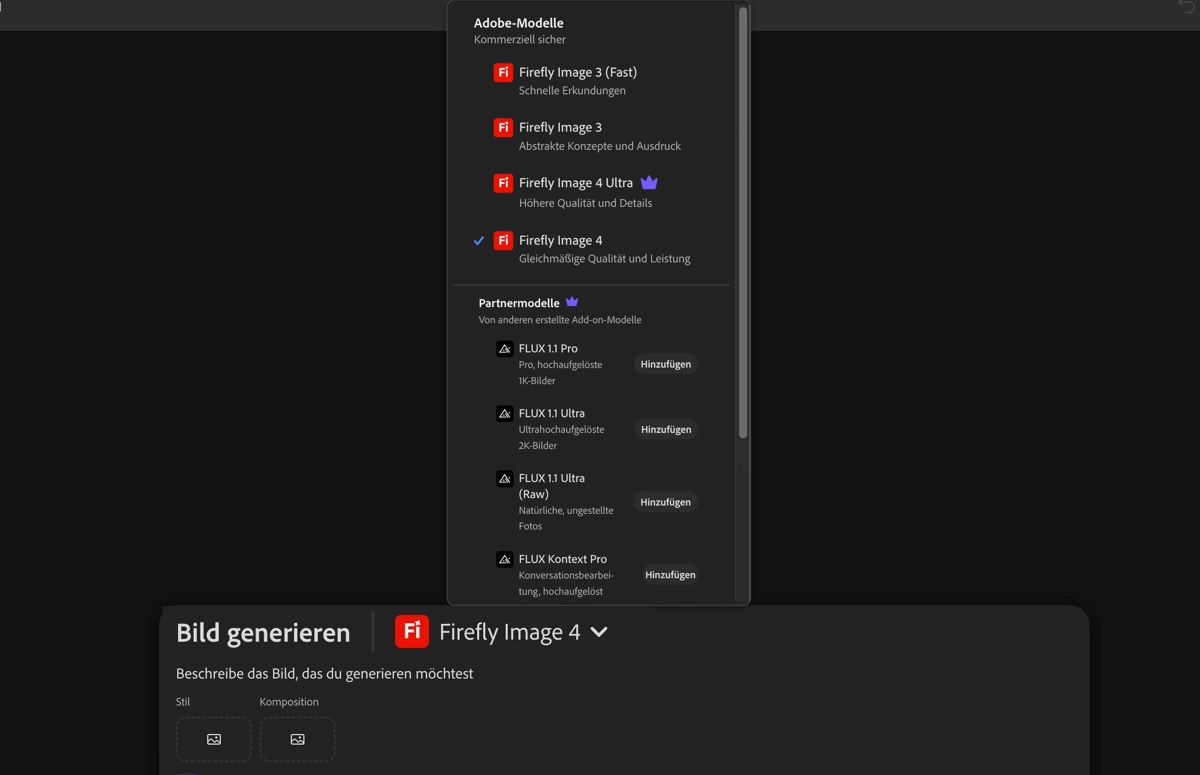 Das Dropdown-Menü „Bild-Modell“ ist geöffnet und ermöglicht die Wahl zwischen Firefly- und nicht-Firefly-Modellen sowie die Einstellung des Seitenverhältnisses für generierte Bilder.