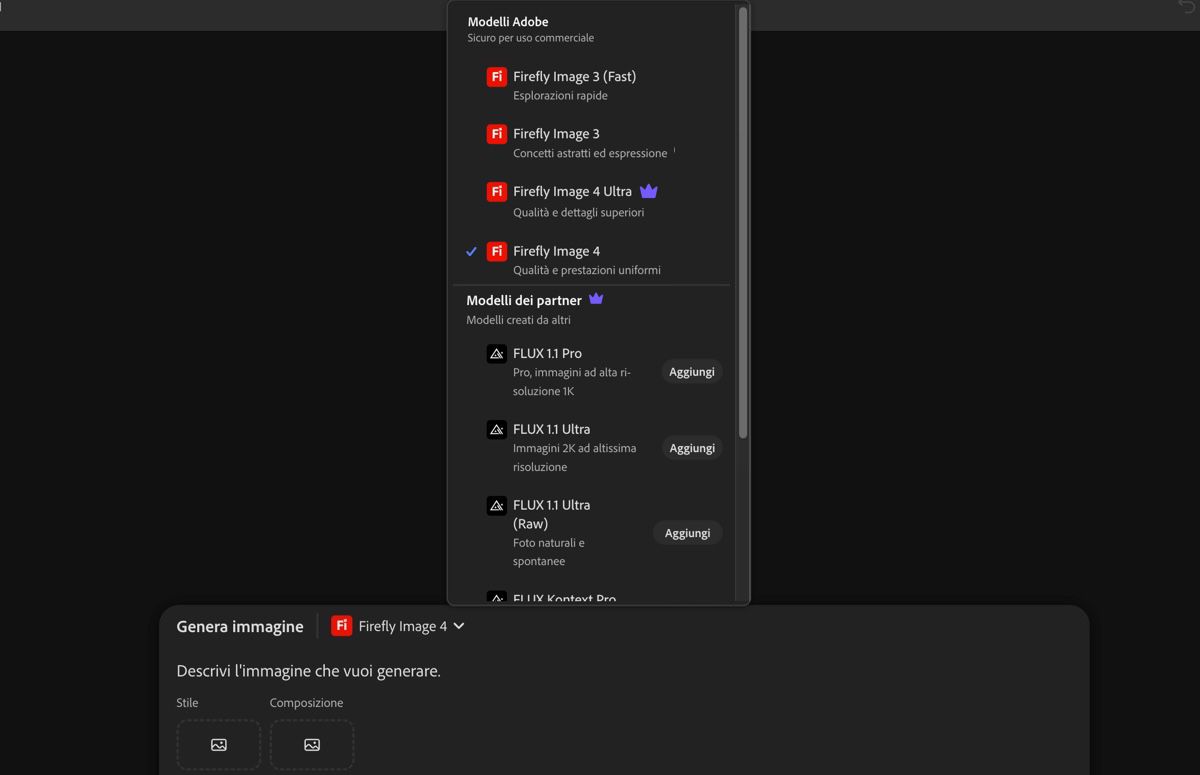Il menu a discesa Image Model è aperto ed è possibile selezionare modelli Firefly e non Firefly, nonché l'impostazione delle proporzioni per le immagini generate.