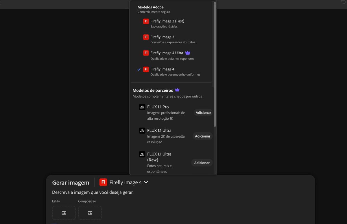 O menu suspenso de Modelos de imagem está aberto, permitindo a seleção entre modelos Firefly e não Firefly e a definição da proporção das imagens geradas.