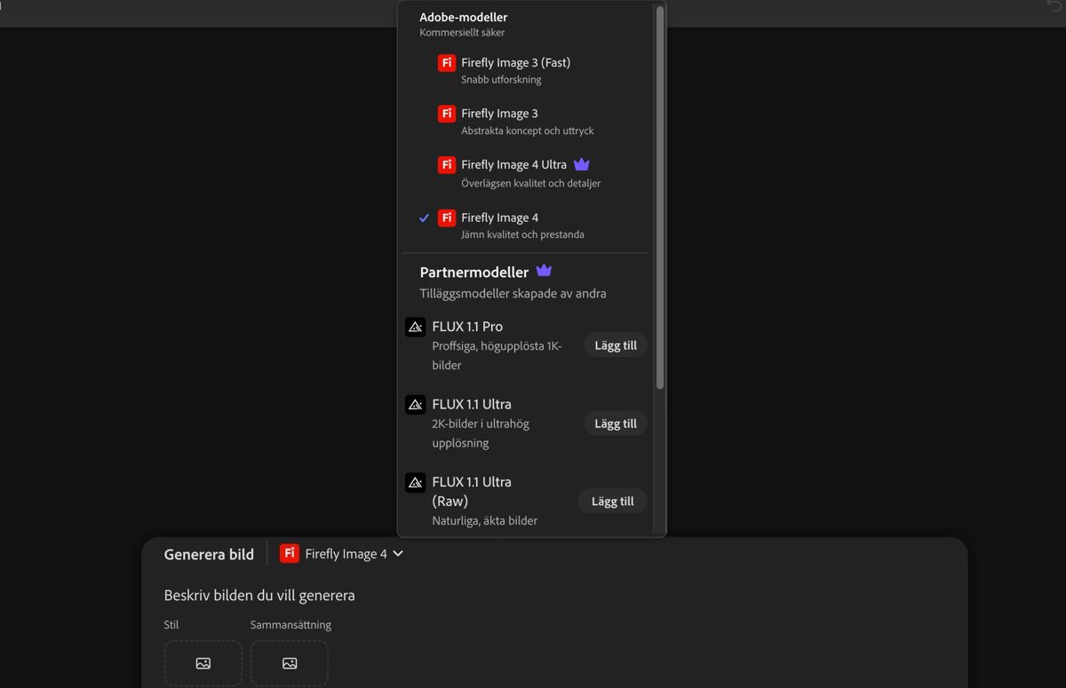 Listrutan Bildmodell är öppen och du kan välja mellan Firefly- och icke-Firefly-modeller samt ställa in bildförhållande för genererade bilder.