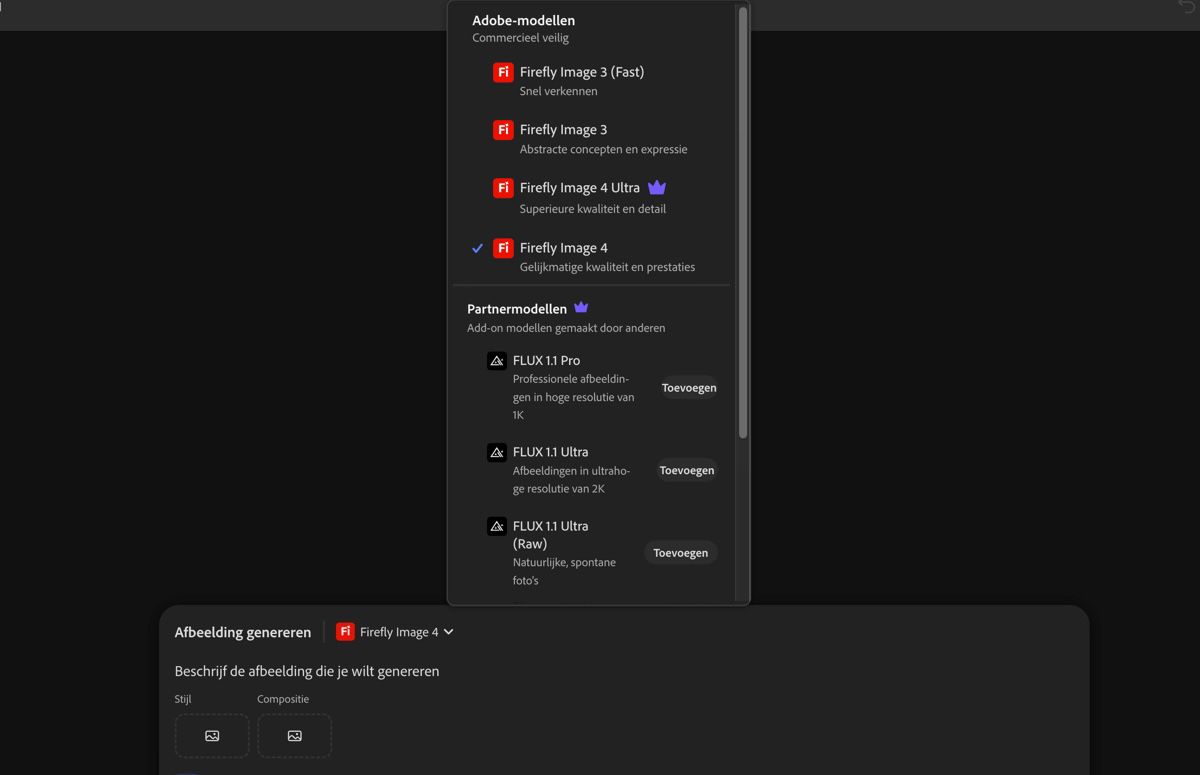Het vervolgkeuzemenu Image Model staat open, waarin je kunt kiezen tussen Firefly- en niet-Firefly-modellen en de beeldverhouding voor gegenereerde afbeeldingen kunt instellen.