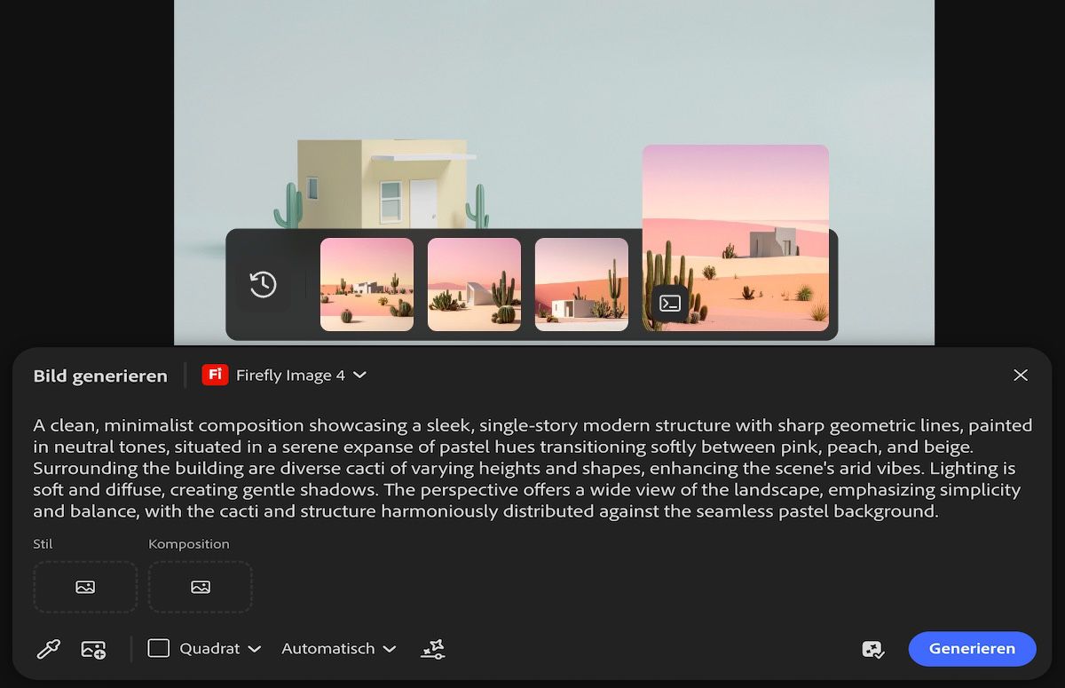 Die generierten Bildvariationen sind aufgelistet; eine davon ist zum Hinzufügen zur Arbeitsfläche ausgewählt.