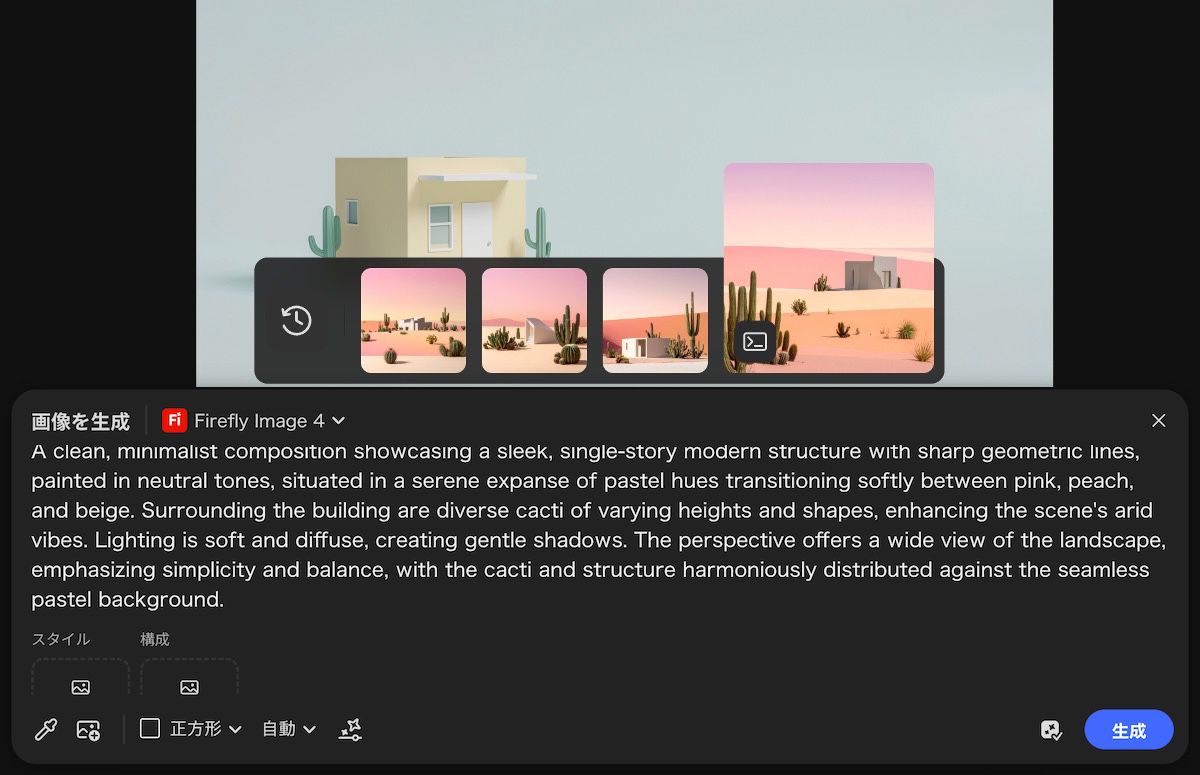 生成された画像のバリエーションがリスト表示され、カンバスに追加するために 1 つのバリエーションが選択されます。