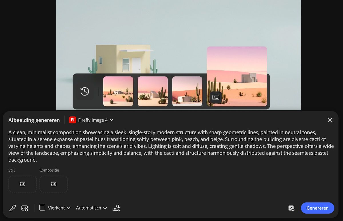 De gegenereerde afbeeldingsvariaties worden weergegeven en er wordt één geselecteerd om toe te voegen aan het canvas.