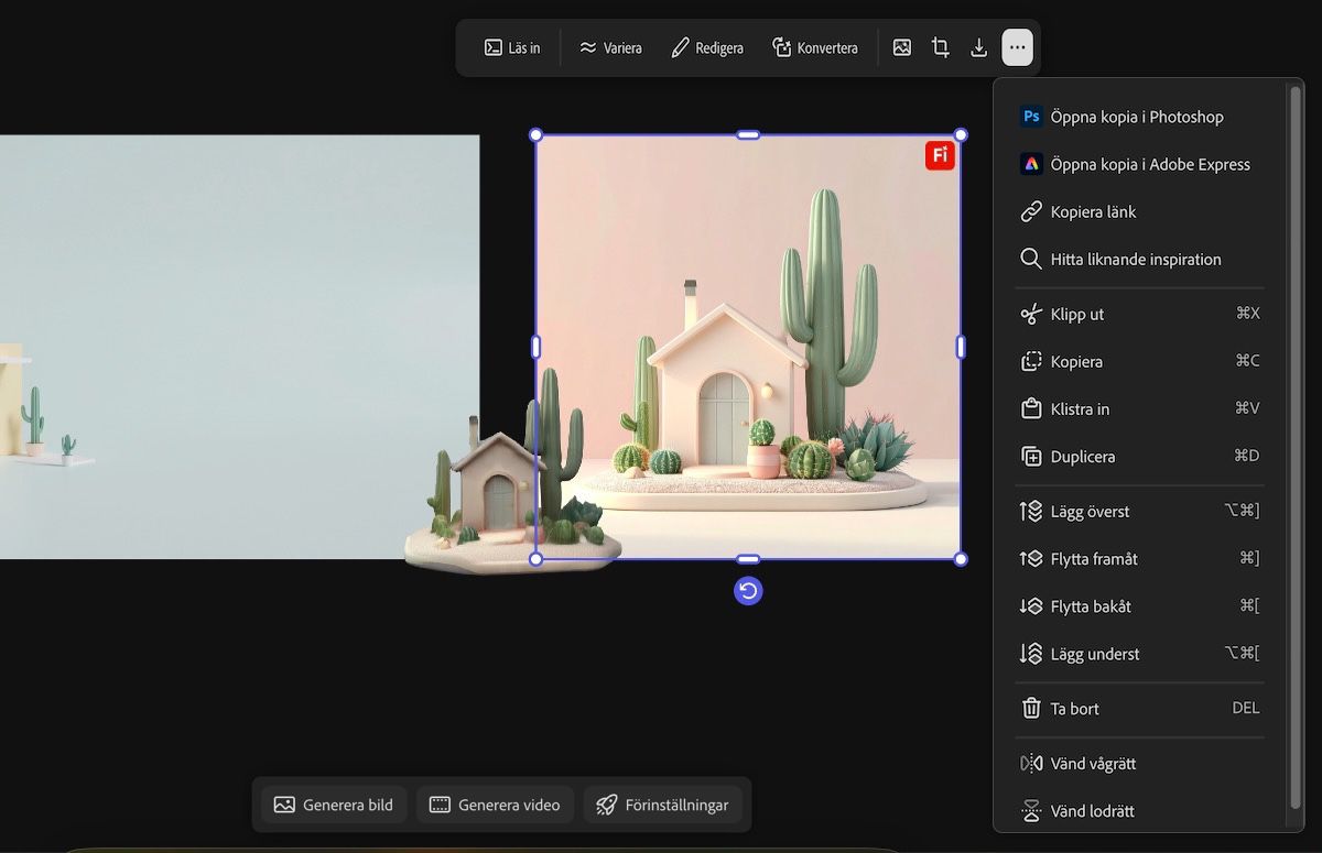 En bild markeras på arbetsytan och en lista med alternativ för redigering och arrangemang finns att välja mellan.