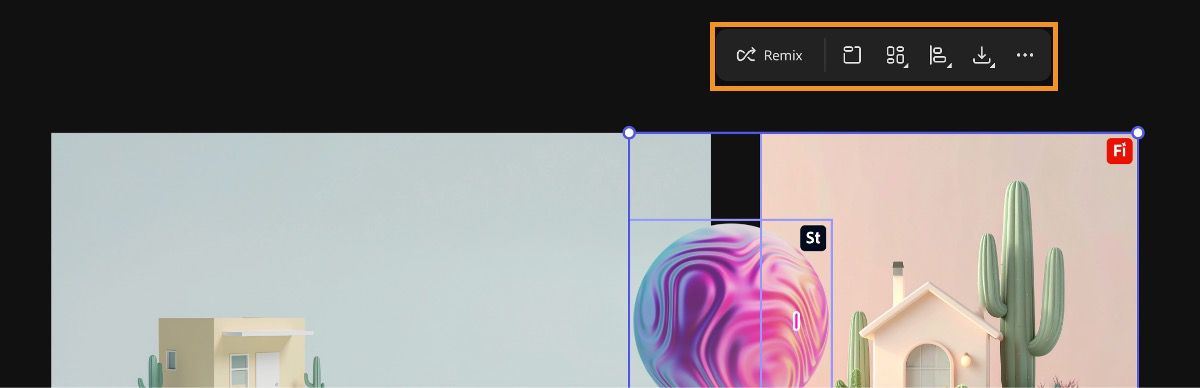 Na plátně je vybráno několik obrázků a je vybrána možnost Remix. Na panelu zadání se zobrazí remixované zadání, které nabízí možnost generování variací obrázku.