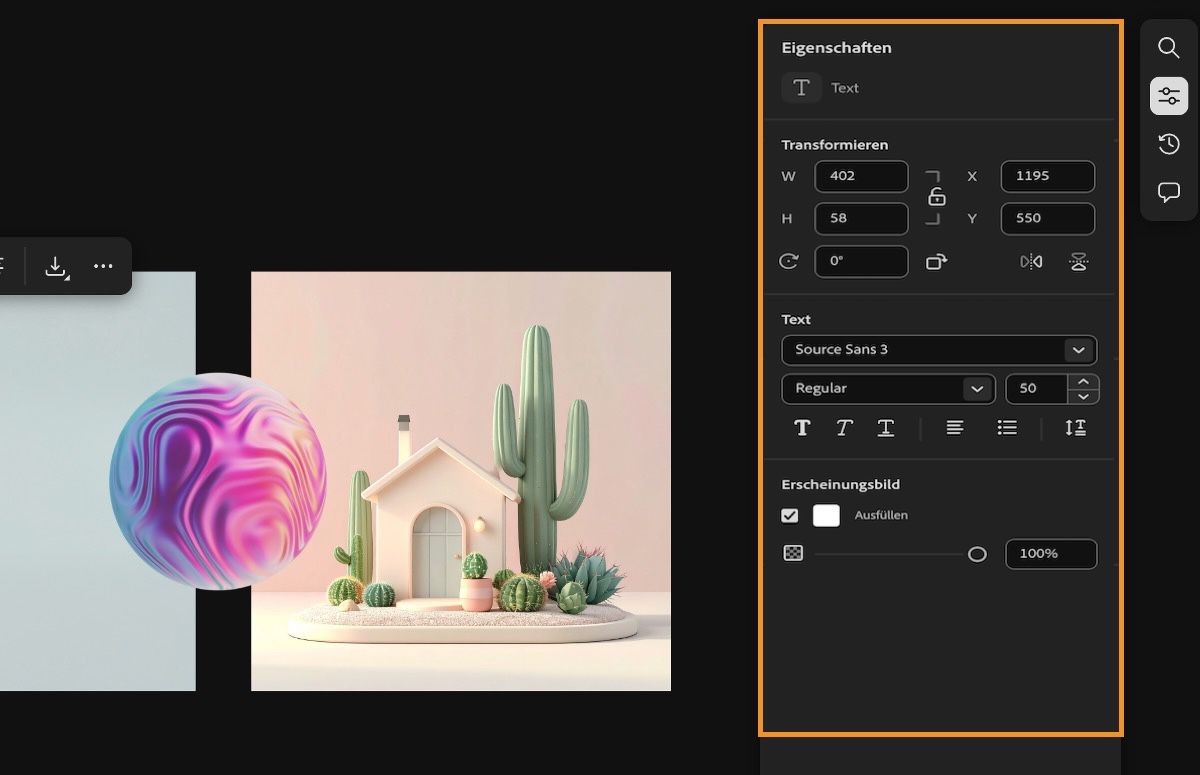 Ein Textelement ist ausgewählt. Sowohl im Kontextmenü als auch im Bedienfeld „Eigenschaften“ stehen Optionen zum Bearbeiten zur Verfügung.