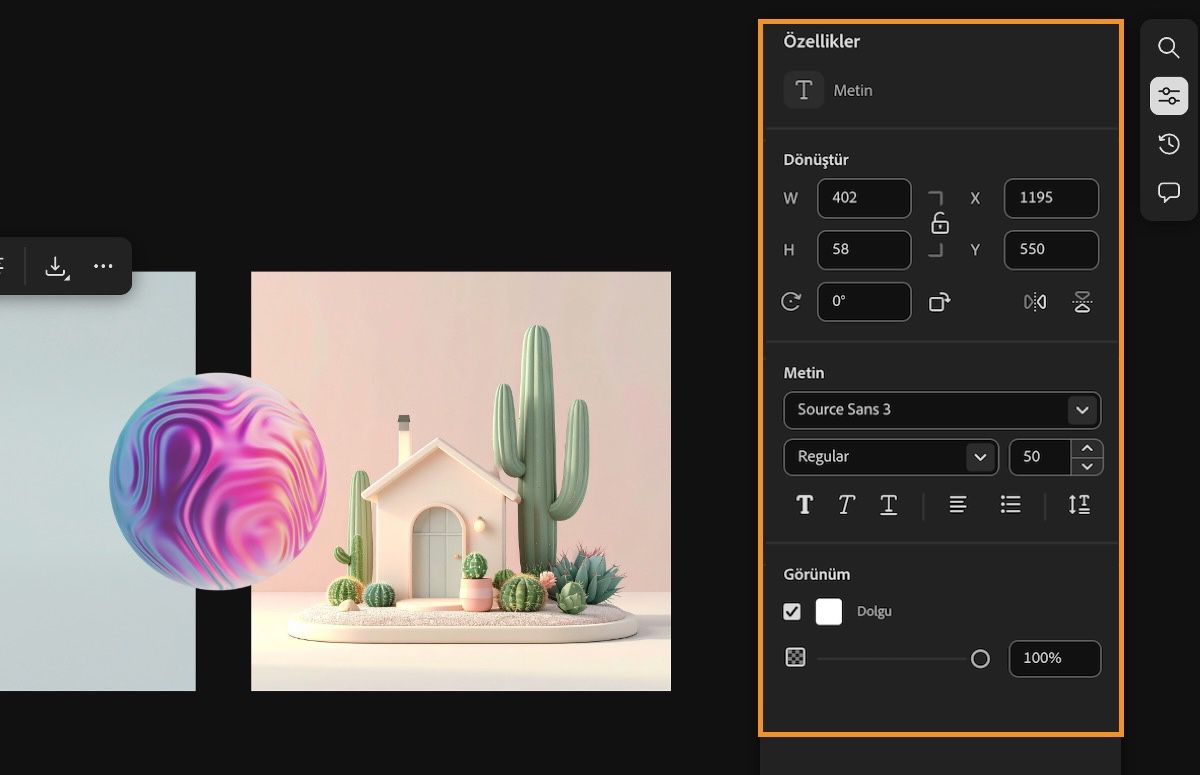 Hem bağlam menüsünde hem de Özellikler panelinde bulunan düzenleme seçenekleriyle birlikte bir metin öğesi seçilir.