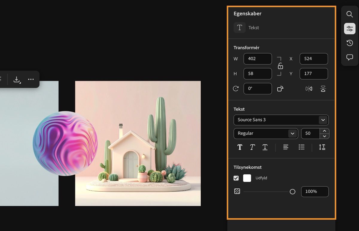 Et tekstelement markeres, og redigeringsindstillingerne er tilgængelige i både genvejsmenuen og panelet Egenskaber.