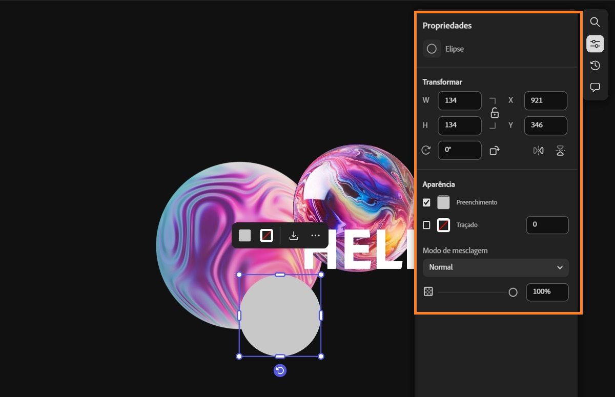 Um elemento de forma, é selecionado, com opções para editá-lo tanto no menu de contexto quanto no painel Propriedades.