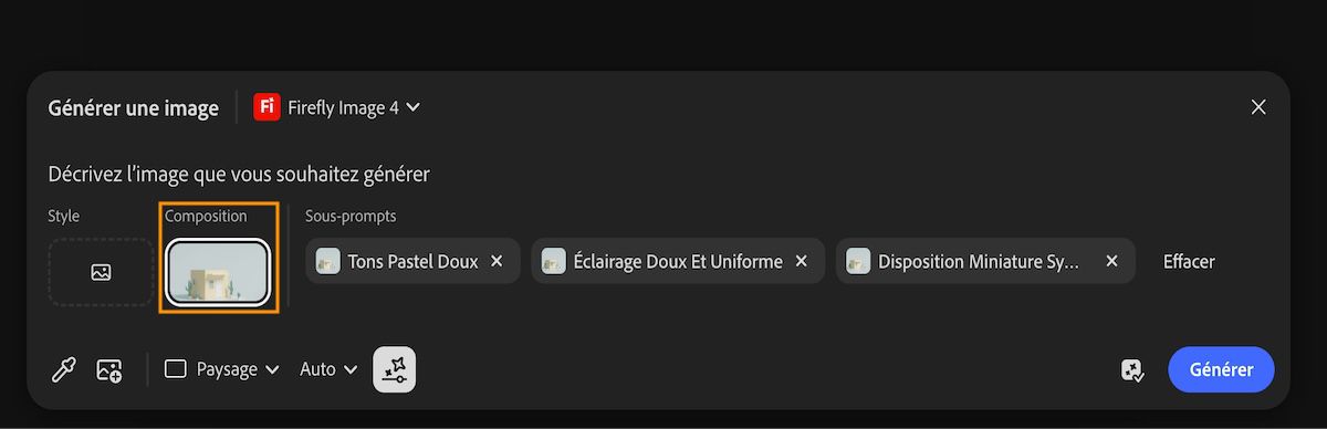 La référence stylistique est ajoutée dans le prompt une fois l’option Utiliser comme référence de composition sélectionnée.