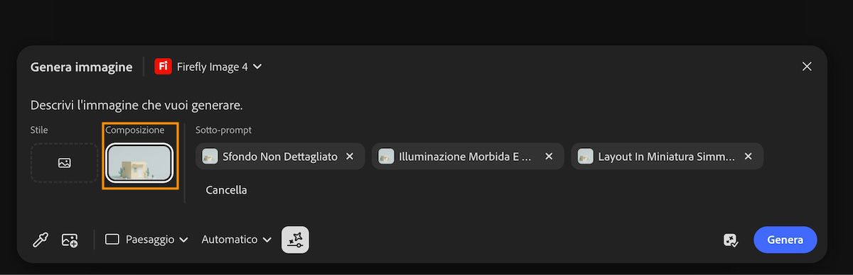 Il riferimento di composizione viene aggiunto nel prompt dopo aver selezionato l'opzione Usa come riferimento di composizione.