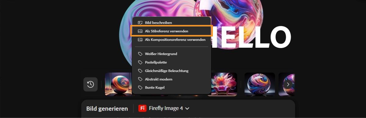 Das Bild auf der Arbeitsfläche ist ausgewählt. Im Kontextmenü ist die Option „Als Stilreferenz verwenden“ hervorgehoben.