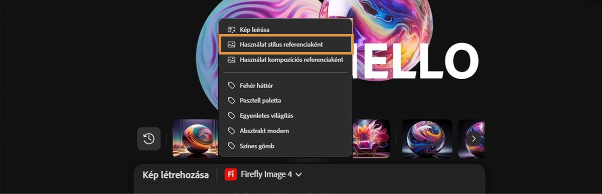 A vásznon lévő kép ki van jelölve, és a helyi menüben a Használat stílusreferenciaként opció ki van emelve.