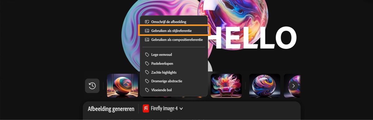 De afbeelding op het canvas wordt geselecteerd en in het contextmenu wordt de optie Gebruiken als stijlreferentie gemarkeerd.