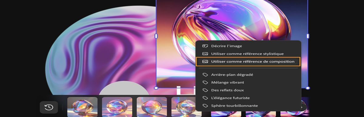 L’image dans la zone de travail est sélectionnée, et l’option Utiliser comme référence de composition est mise en évidence dans le menu contextuel.