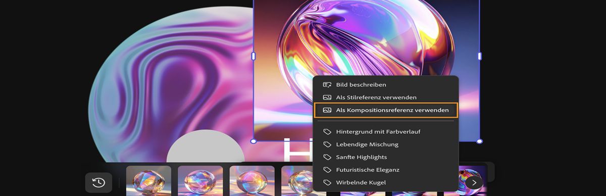 Das Bild auf der Arbeitsfläche ist ausgewählt. Im Kontextmenü ist die Option „Als Kompositionsreferenz verwenden“ hervorgehoben.