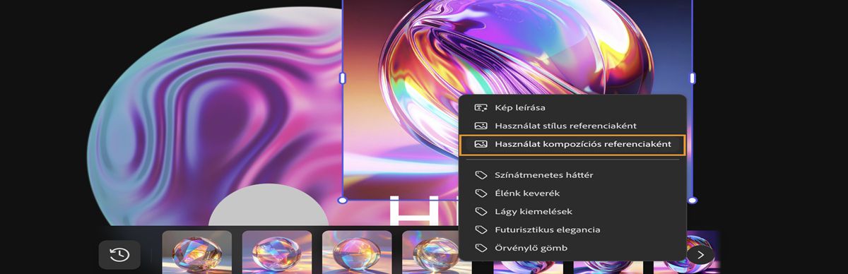 A vásznon lévő kép ki van jelölve, és a helyi menüben a Használat kompozíciós referenciaként opció ki van emelve.
