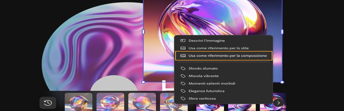 Nell'area di lavoro è selezionata l'immagine e nel menu di scelta rapida è evidenziata l'opzione Usa come riferimento di composizione.
