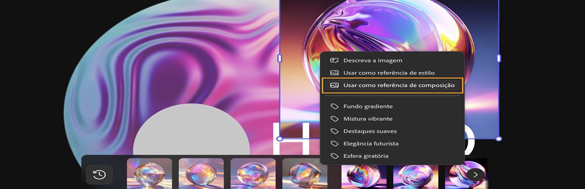 A imagem na tela é selecionada e, no menu de contexto, a opção Usar como referência de composição está destacada.