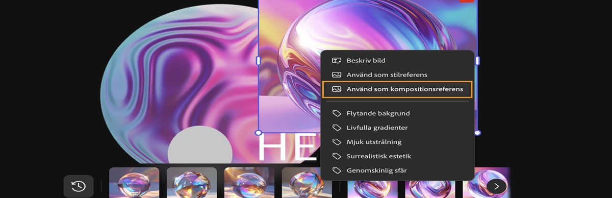 Bilden på arbetsytan markeras och på snabbmenyn markeras alternativet Använd som sammansättningsreferens.