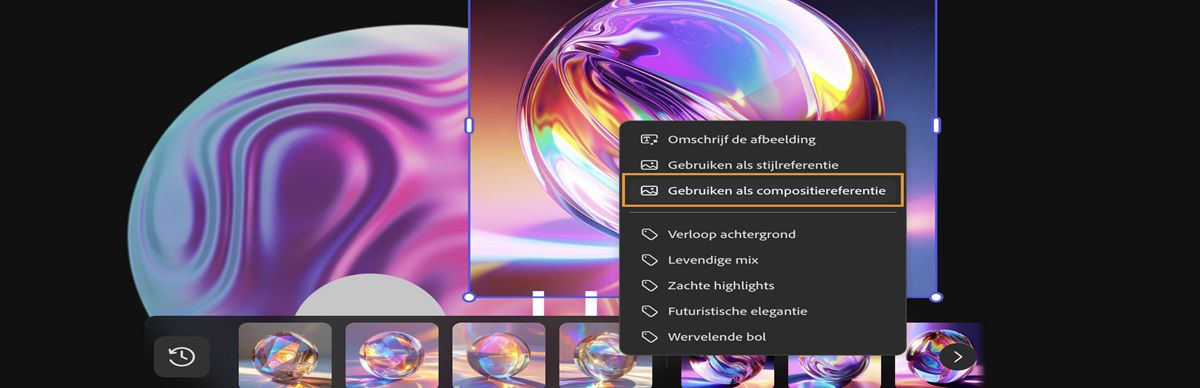 De afbeelding op het canvas wordt geselecteerd en in het contextmenu wordt de optie Gebruiken als compositiereferentie gemarkeerd.