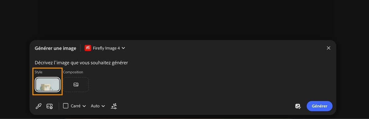 La référence stylistique est ajoutée dans le prompt une fois l’option Utiliser comme référence stylistique sélectionnée.