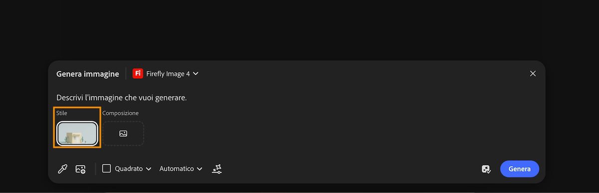 Il riferimento di stile viene aggiunto nel prompt dopo aver selezionato l'opzione Usa come riferimento di stile.